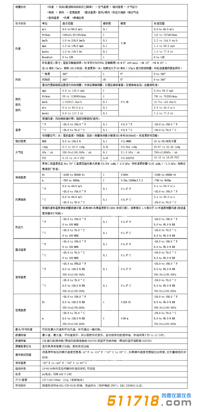 美國NK5700A(Kestrel 5700A)彈道應用精英氣象儀技術參數.png